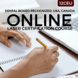 Promotional banner for a dental online laser certification course; hands write in a notebook with a 12CEU badge in the corner.