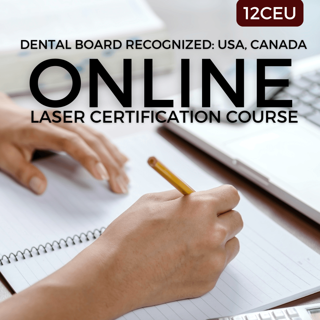 Promotional banner for a dental online laser certification course; hands write in a notebook with a 12CEU badge in the corner.